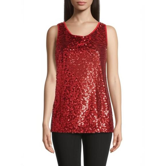 DS By Debbie Shuchat Tops - DS By Debbie Shuchat Tank Top M Red Sequin Cowl Neck Keyhole Back Glamorous Part